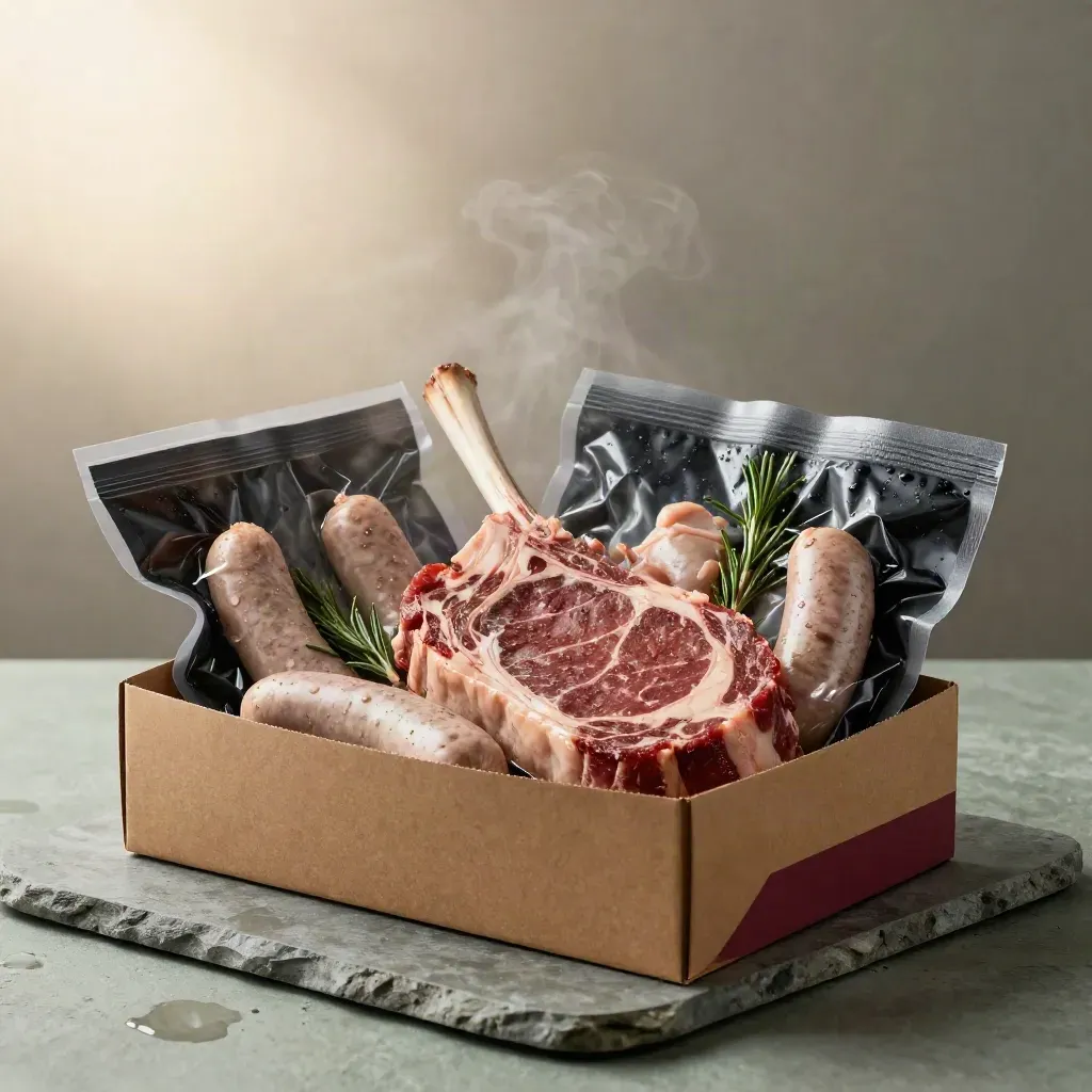 Box grigliata toscana aperta con carne, salumi e rosmarino su pietra, luce dell’alba.