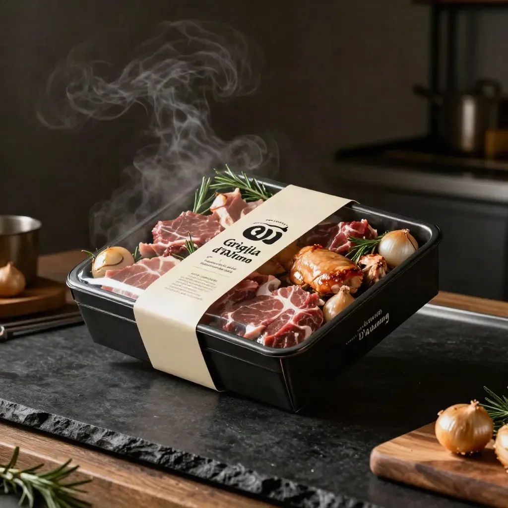 Box griglia d’autunno con carni miste, rosmarino e scalogni su fondo scuro drammatico.