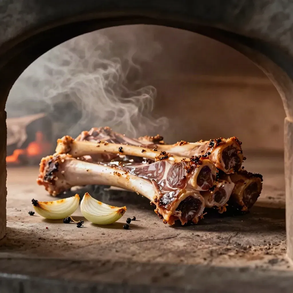 Costine di maiale su pietra da forno con cipolle e ginepro, luce calda e fumo