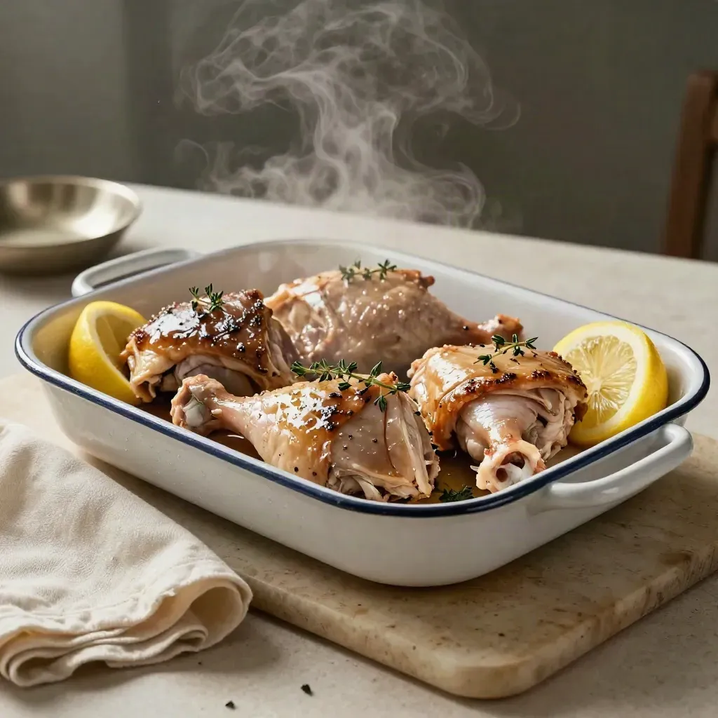 Pollo ruspante in teglia smaltata con timo, limone e condensa su travertino.