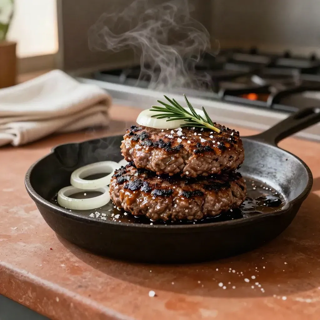 Due hamburger di Fassona in padella con cipolla, rosmarino e vapore caldo
