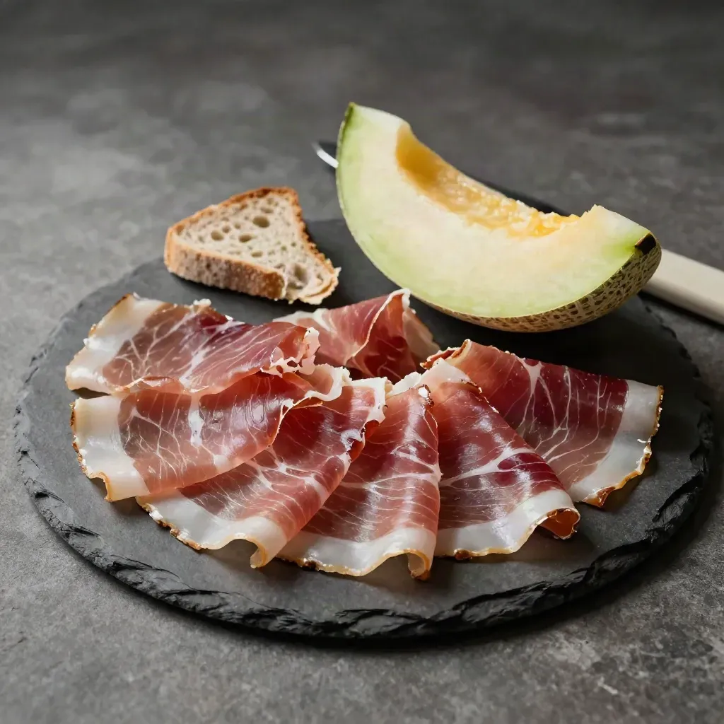 Prosciutto crudo su ardesia con pane, melone e coltello sfocato