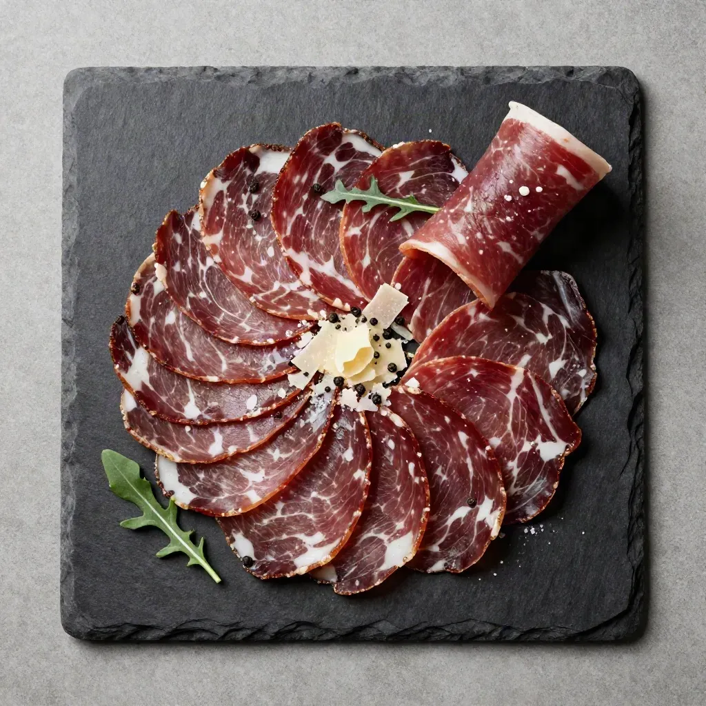 Bresaola a ventaglio con parmigiano, rucola e pepe su ardesia scura.