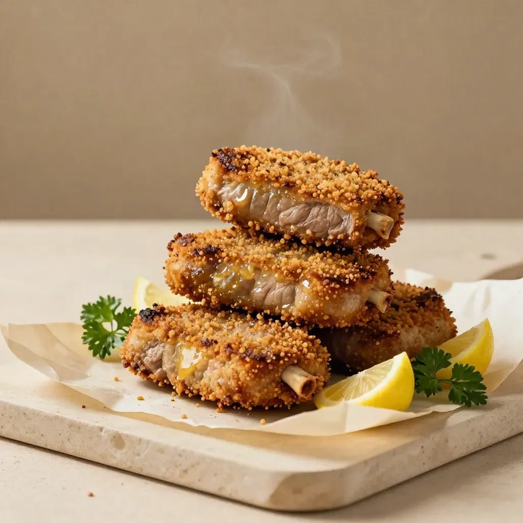 Quattro cotolette di vitello su carta pergamena con limone e prezzemolo.