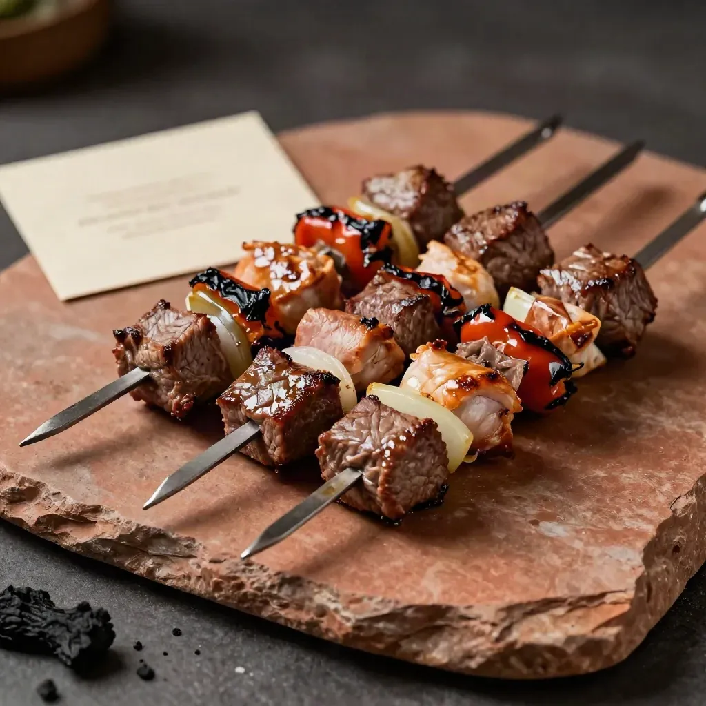 Spiedini misti di carne e verdure su pietra, con fumo scuro e luce drammatica.
