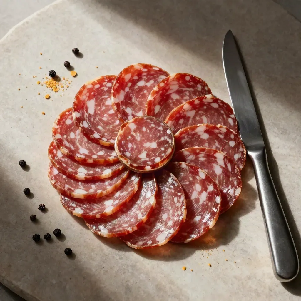 Salame Milano a fette con coltello, pane sbriciolato e pepe su lastra di pietra chiara