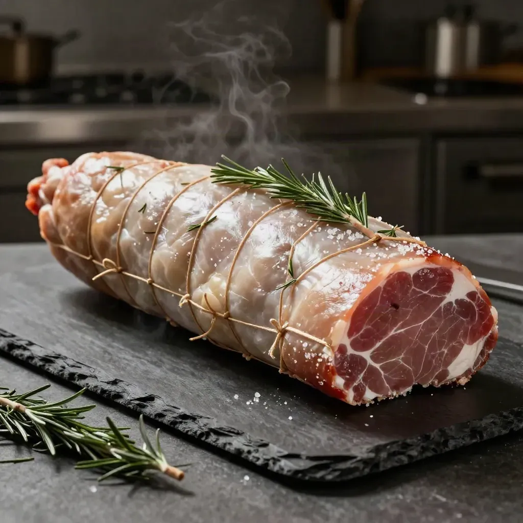 Lonza di maiale con rosmarino e sale grosso su pietra scura, taglio lucido e vapore leggero