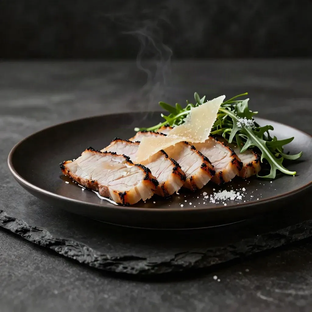 Tagliata di Fassona con rucola, parmigiano e sale su piatto scuro, luce drammatica.