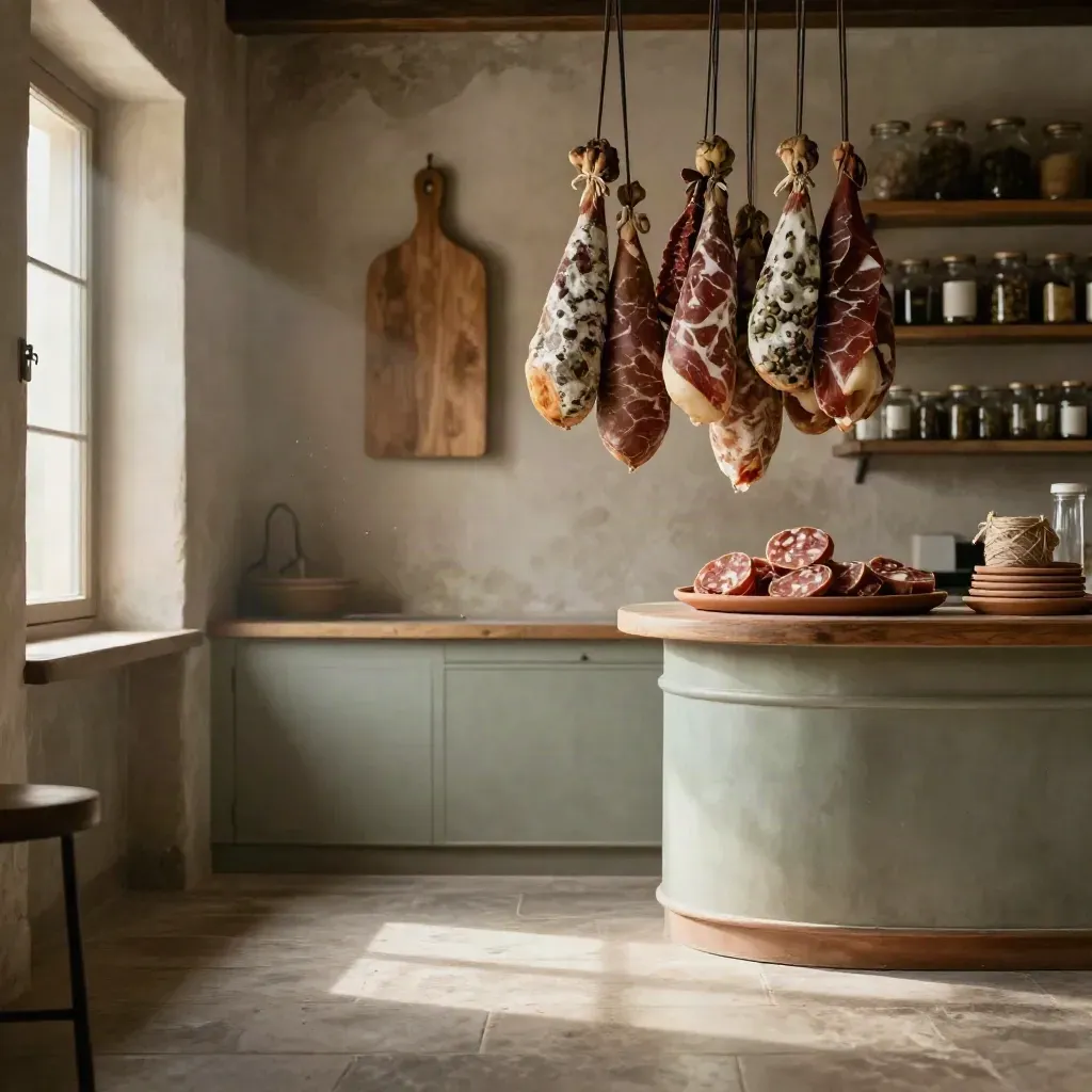 Interno di una salumeria rustica con salumi appesi, vasi e luce calda sul muro di pietra.