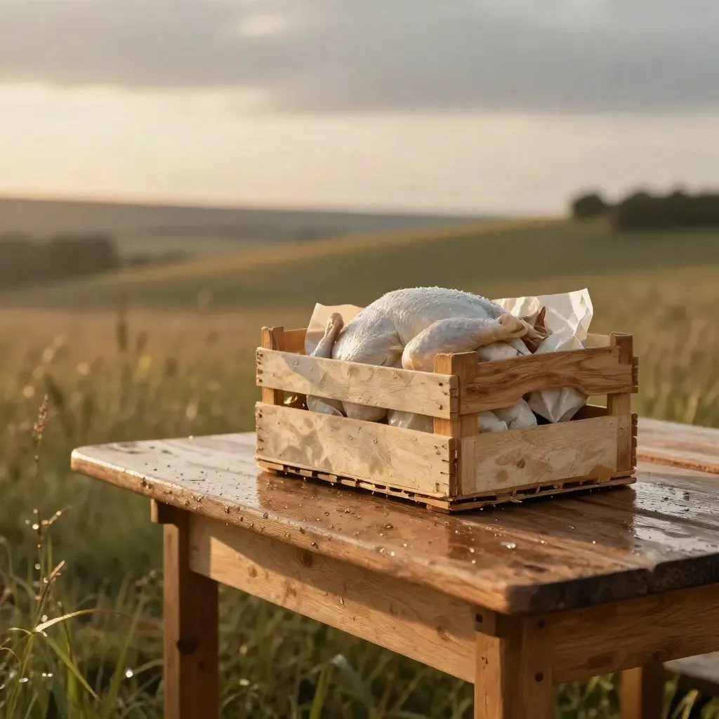 Tavolo di legno chiaro, cassetta vissuta e collina bagnata al sole, con spazio morbido per il titolo.