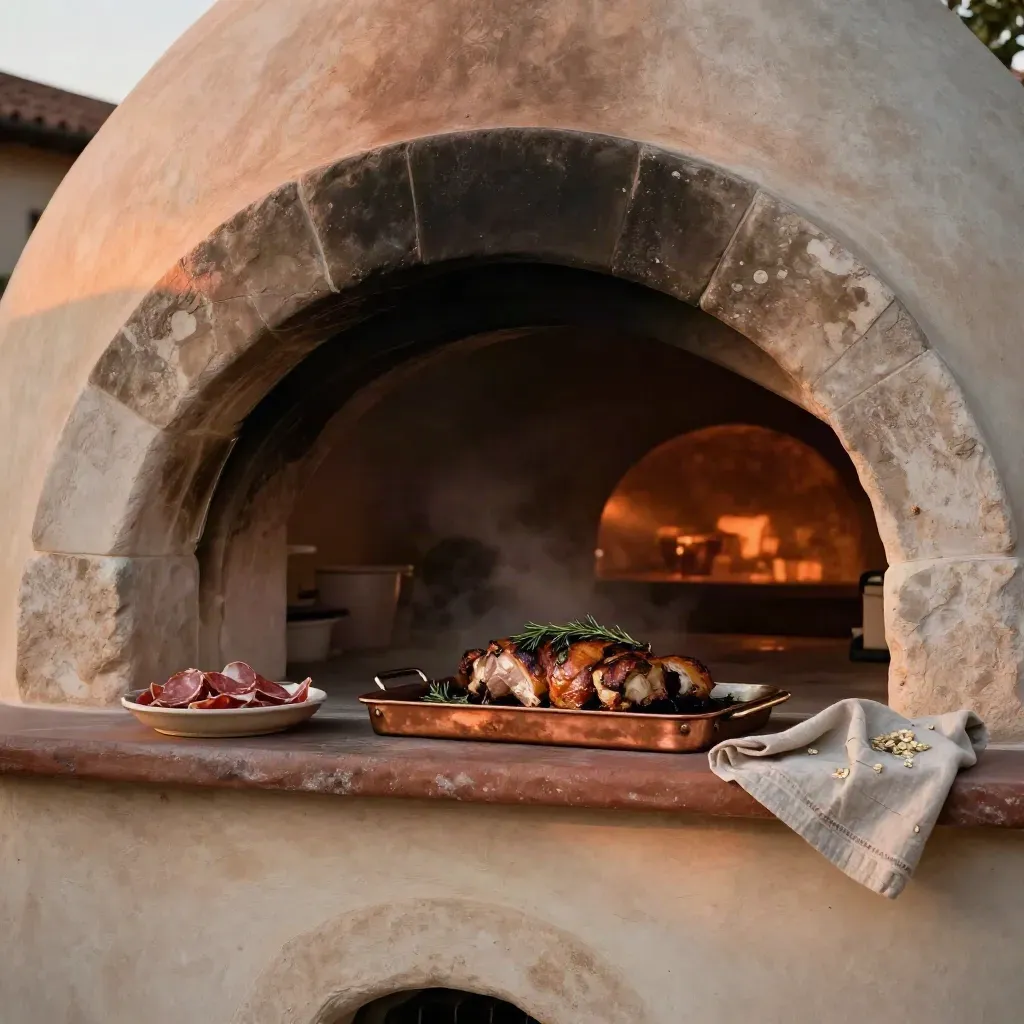 Cortile con arco in pietra, forno a legna implicito e arrosti su banco in terracotta